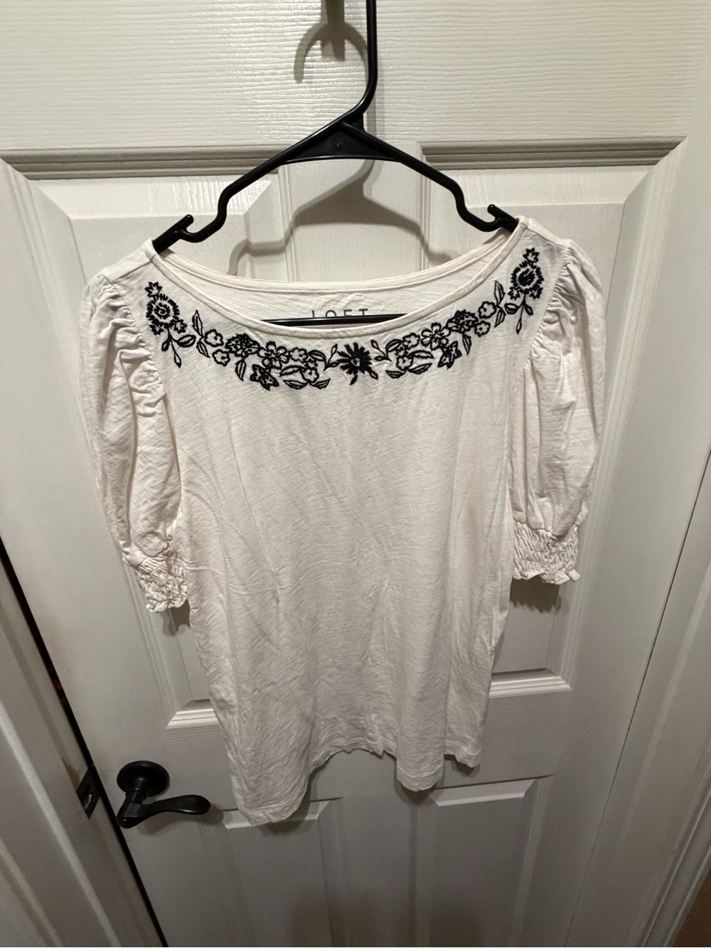 LOFT White Scoop Neck Top with Navy Floral Embroidery
